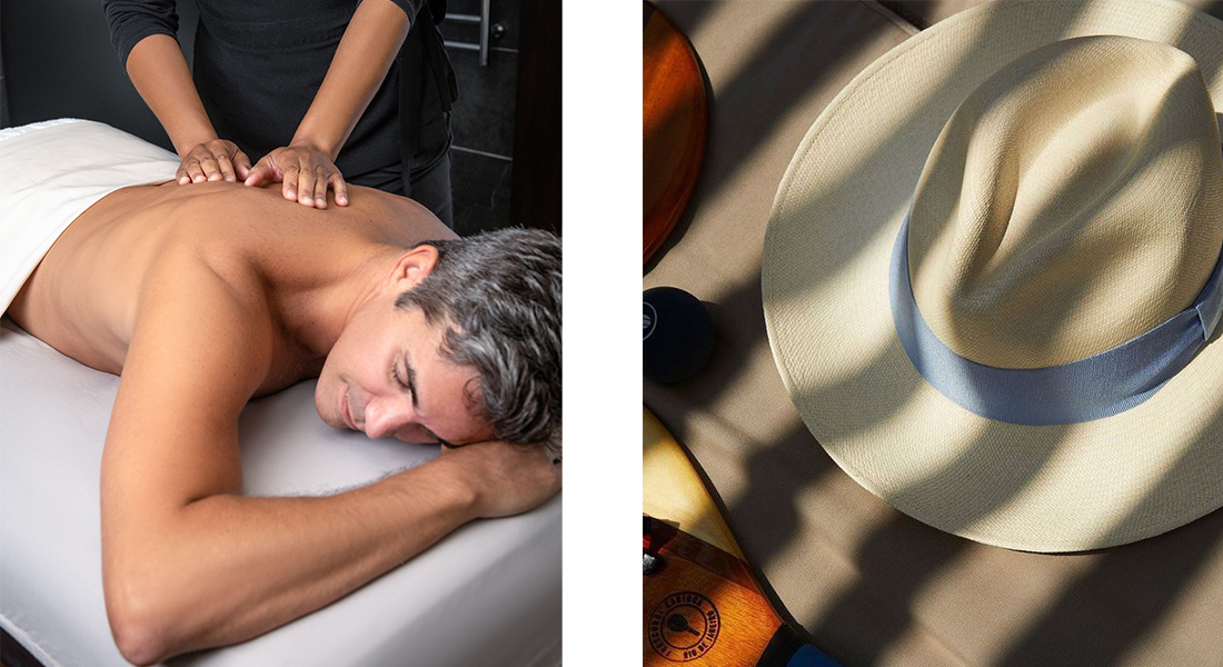 Photos of a man relaxing on a massage table mid-massage (left) and a light beige leather hat with a sky blue ribbon (right)