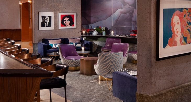 The lounging area at Acqualina's AQ bar in Miami, Florida