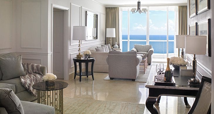 Three-bedroom oceanfront suite at Acqualina Resort in South Florida.