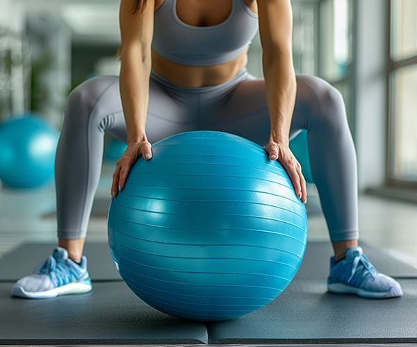 woman exercising with blue stability ball